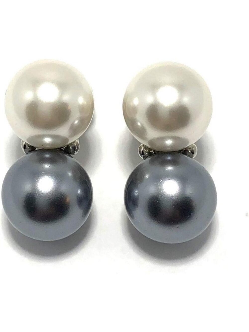 Elegant Double 9mm Pearl Earrings with Crystal Accents - White & Gray Clip-On
